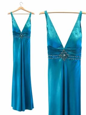 May Queen Teal Satin Evening Gown with Beaded Accent